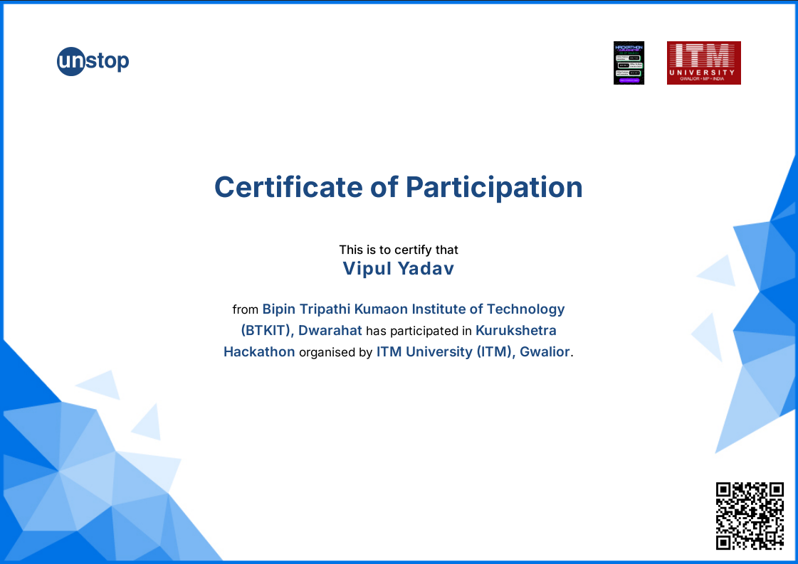 Kurukshetra Hackathon Certificate